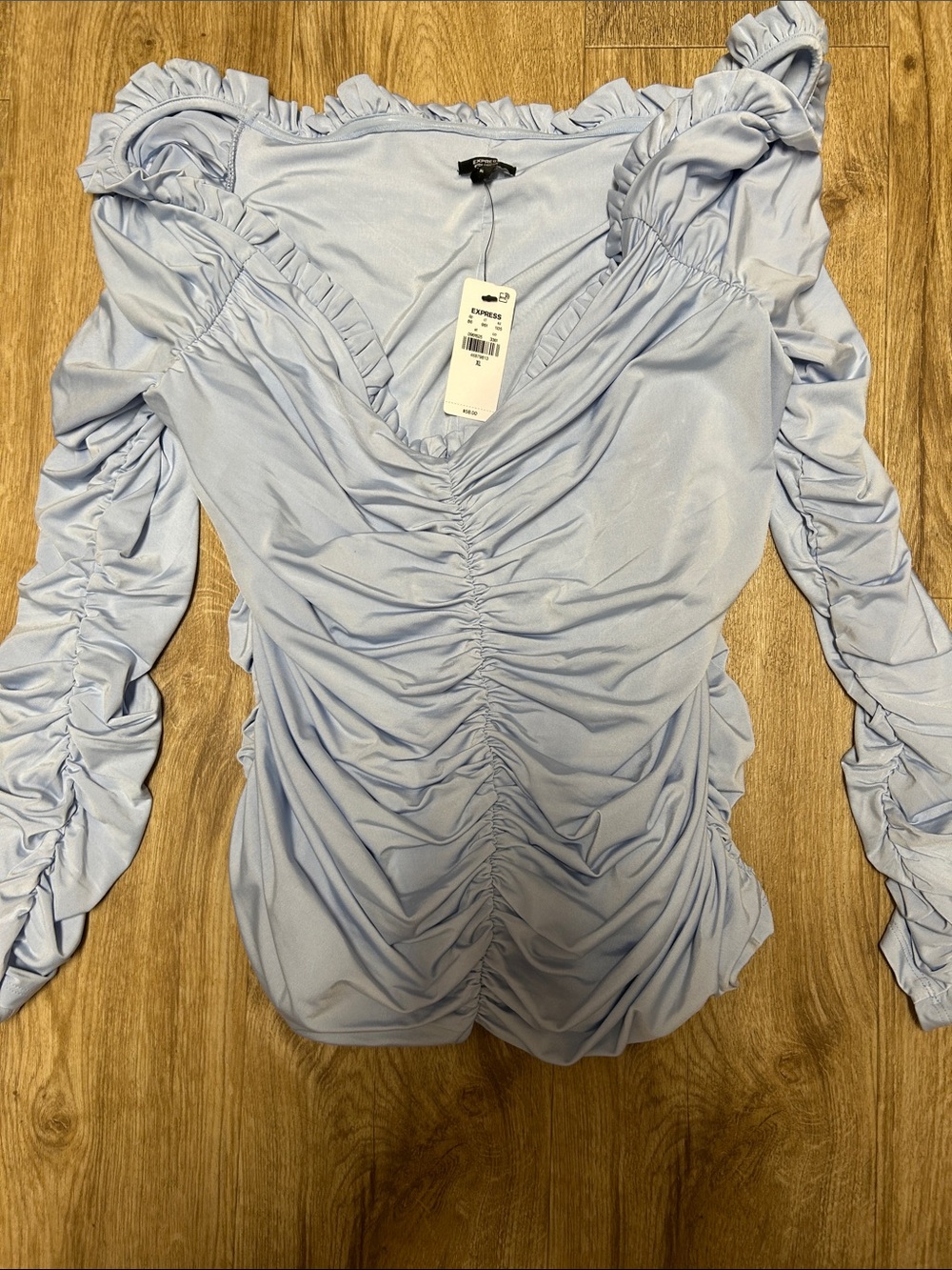 Express Off the Shoulder Light Blue Ruched Long Sleeve Women's Top